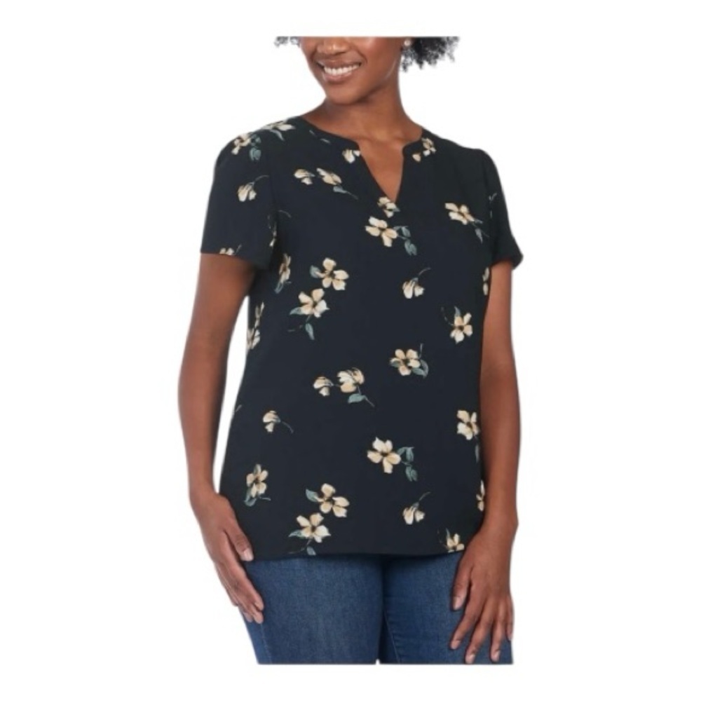 Hilary Radley Navy Floral Flutter Sleeve Blouse Size Large